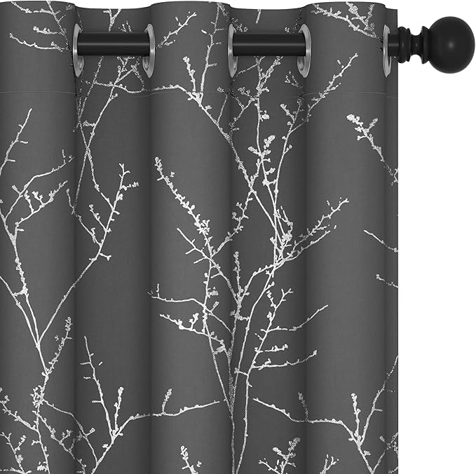 Deconovo Grey Blackout Curtains, Thermal Insulated Soundproof Drapes, Silver Branch Foil Print, 42 x 84 Inch, 2 Panels, Machine‑Washable Privacy Window Panel for Living Room Bedroom Nursery Office