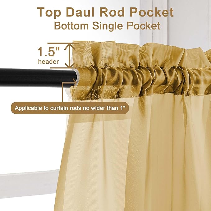 Chyhomenyc Gold Sheer Curtains 63 Inch Length 2 Panels, Rod Pocket Solid Window Sheer Curtain Panels, Elegant Curtains & Drapes for Living Room Bedroom 2 Panels (Gold, 42 W x 63 L)