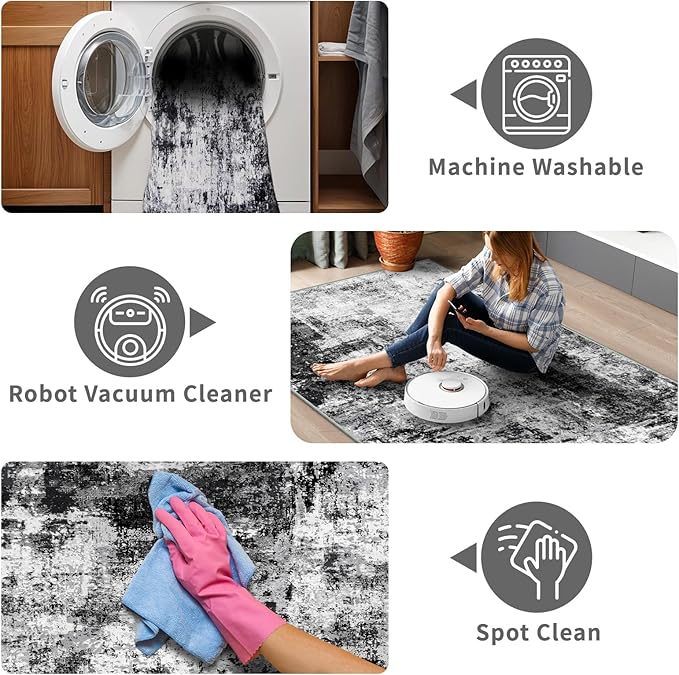 5x12 Runner Rug for Wide Hallway: Long Washable Runners for Entryway Living Room Dining Room - Stain and Water Resistant Rugs with Non-Slip Backing - Soft Low-Pile Carpet Black Grey