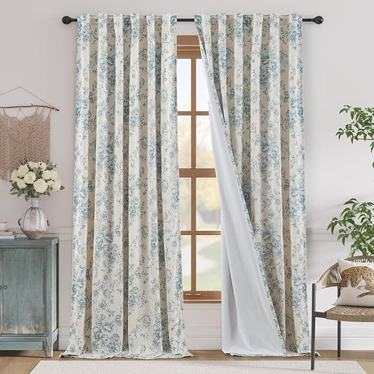 jinchan Blackout Floral Curtains for Living Room Bedroom Linen Blend Curtain Farmhouse Blue Printed with Lined Back Tab Rod Pocket Drapes Window Treatments 2 Panels 96 Inch