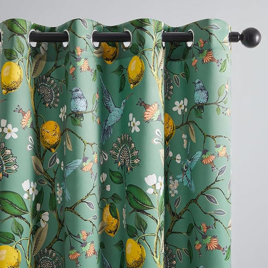 Topfinel 100 Inches Long Sage Green Luxury Curtains for Living Room Bedroom, Blackout Vintage Art Deco Victorian Curtains Floral Lemon Hummingbird Printed Grommet Drape 100 Inch Length