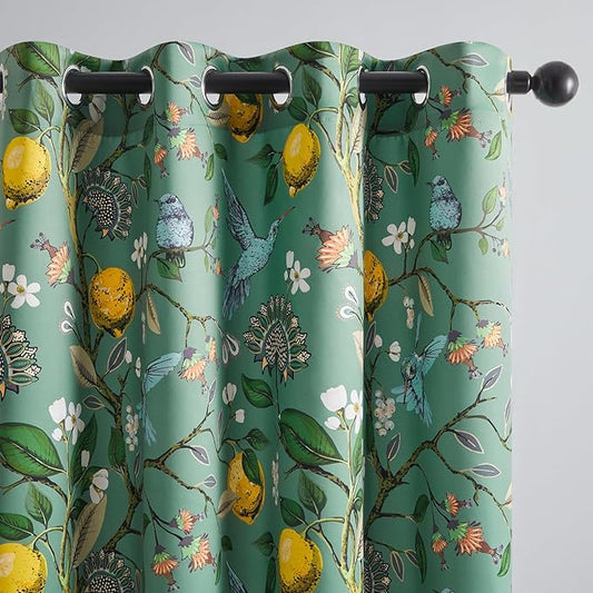 Topfinel 102 Inches Long Vintage Cottagecore Chinoiserie Curtains & Drapes Botanical Floral Flower Lemon Hummingbird Patterned Sage Green Pioneer Woman Blackout Curtains 2 Panels Living Dining Room