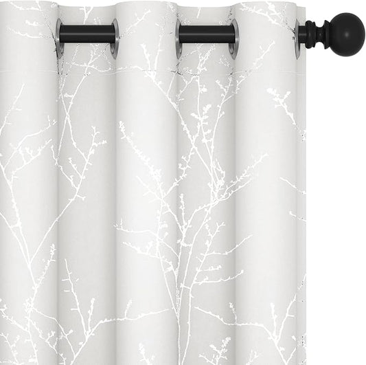 Deconovo White Curtains 72 Inches Long, Room Darkening Curtain, Thermal Insulated Soundproof Drapes, Silver Print, Grommet Top, Light Blocking Window Panels for Living Room Bedroom Nursery, Set of 2