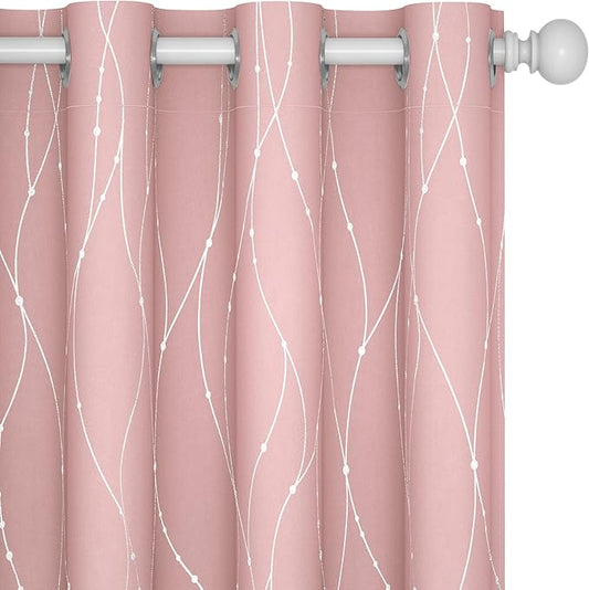 Deconovo Pink Blackout Curtains for Bedroom, Thermal Insulated Soundproof Pravicy Curtain, Silver Wave Dots Print, 52 x 95 Inch Long, Machine Washable Window Panels for Kids Room Nursery, Set of 2
