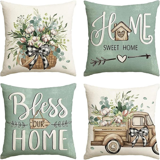 AVOIN colorlife Bless Our Home Farmhouse Eucalyptus Leaves Throw Pillow Covers, 20 x 20 Inch Blue Truck Home Sweet Cushion Case Decorations Set of 4