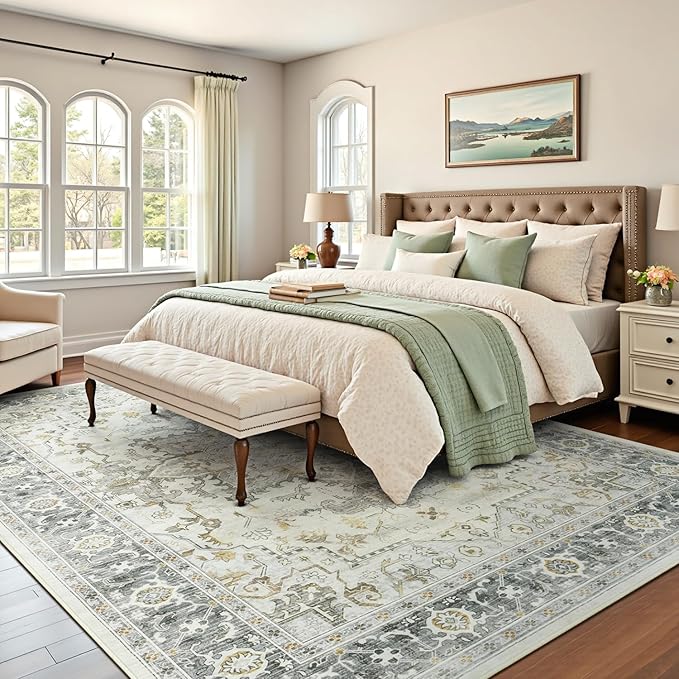 Lofus 5x7 Area Rugs for Living Room, Machine Washable Non-Slip Area Rug, Low Pile Large Rugs for Bedroom, Kitchen, Dining Room, Home Office, Vintage Oriental Print Rug, Taupe Grey