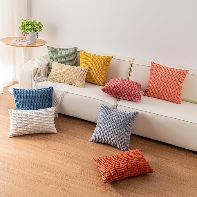 Pack of 2 Corduroy Decorative Throw Pillow Covers 22x22 Inch Soft Striped Pillow Covers Modern Farmhouse Home Decor for Sofa Living Room Couch Bed（Blue）