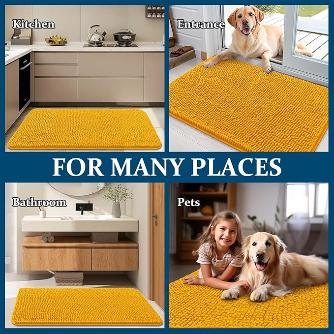 OLANLY Dog Door Mat for Muddy Paws 47x17, Absorbs Moisture and Dirt, Absorbent Non-Slip Washable Doormat, Quick Dry Chenille Mud Mat, Entry Indoor Entryway Carpet for Inside Floor, Golden Yellow
