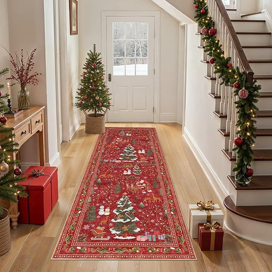 UERMEI Christmas Runner Rug for Hallway: 3x8 Neutral Modern Festive Low Pile Soft Thin Indoor Carpet for Bedroom Kitchen Mat Kids Room Holiday Decor - Red