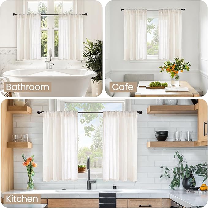BGment Ivory Linen Cafe Curtains 36 Inch Length for Over Sink - Short Light Filtering Drapes with Rod Pocket Semi Sheer Lightweight for Bathroom Kitchen Window, 2 Panels Set, 42 X 36 Inch