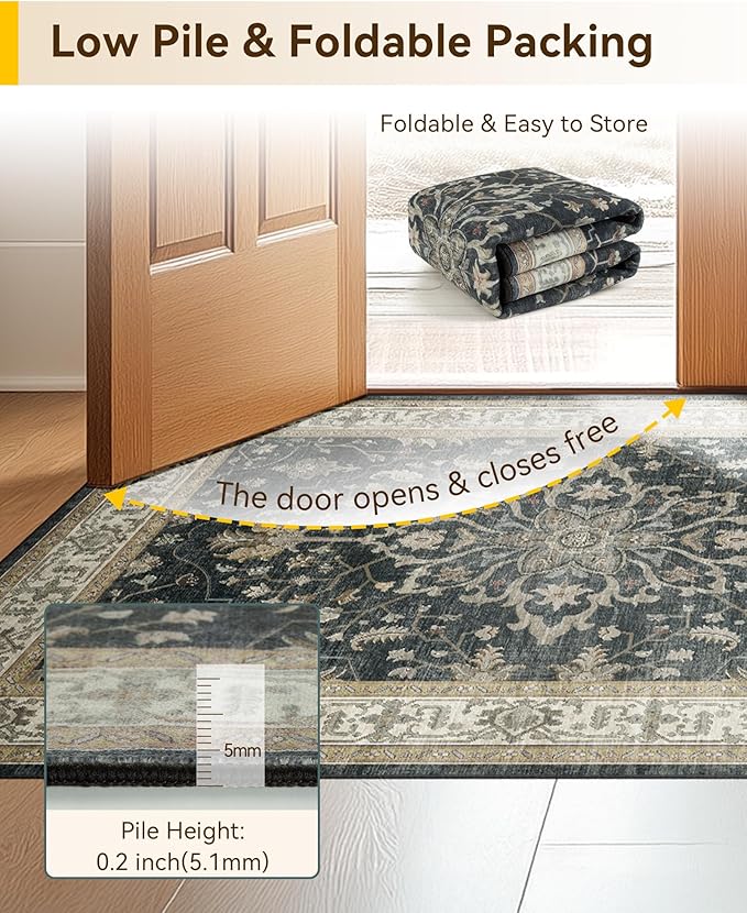 RELEANY Area Rugs 2'x6' Runner Rug Non Slip Washable for Kitchen Hallway Bedroom Beside Laundry Room Bathroom Rug, Floor Carpet, Vintage Black Brown Neutral