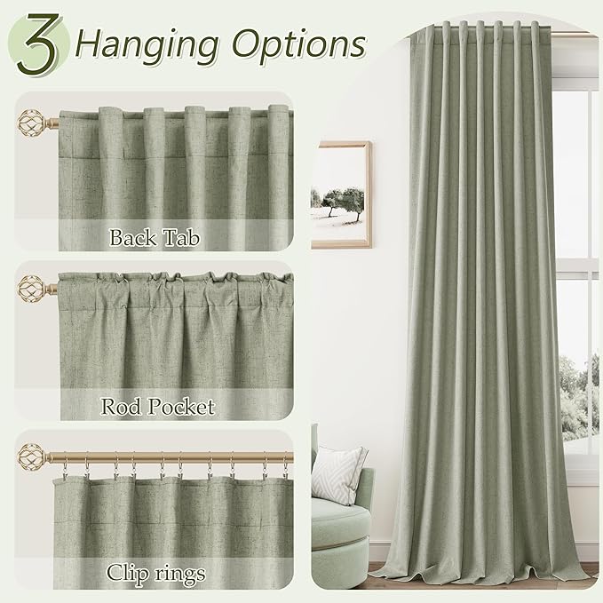 Sage Green 100% Blackout Linen Curtains 95 Inch Length 2 Panels Set for Living Room Bedroom Back Tab Rod Pocket Thermal Insulated Black Out Drapes Room Darkening Window Curtains 95 Inches Long