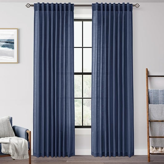 Navy Blue Curtains 84 inch Length for Bedroom Back Tab Light Filtering Semi Sheer Blue Living Room Curtains Linen Cotton Textured Indigo Blue Drapery Panel Modern Aesthetic Decor 60" Wx84 L