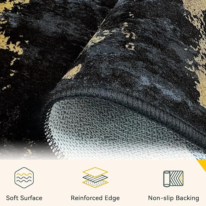 Washable Area Rugs 2'x4' Non-Slip Modern Abstract Soft for Living Room Entryway Bedroom Nursery, Print Pattern, Dark Black Gold