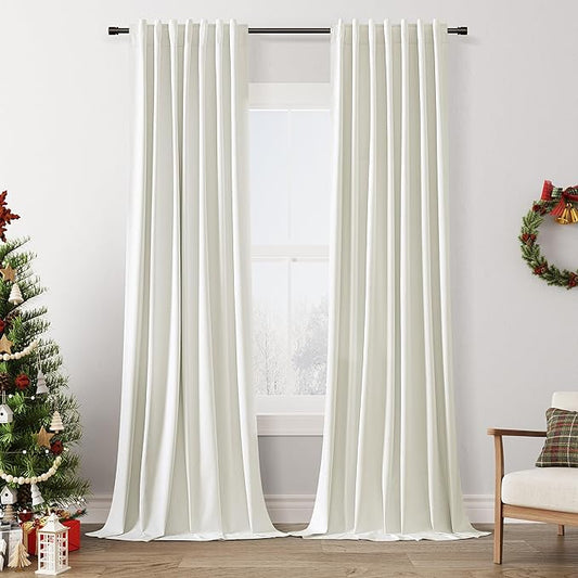 Ivory 100% Blackout Linen Curtains 144 Inch Length 2 Panels Set for Living Room Bedroom Back Tab Thermal Insulated Black Out Drapes Room Darkening Farmhouse Style for Bedroom Window Curtains 52x144