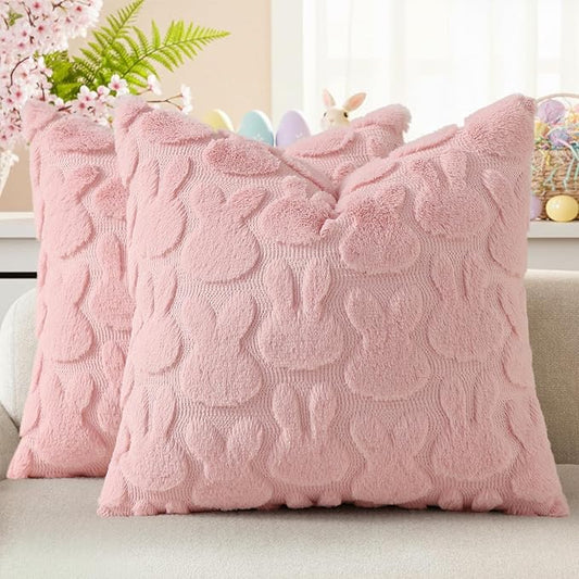 decorUhome Easter Bunny Pillow Covers 20x20 Inch Set of 2, Soft Plush Faux Wool Jacquard Pink Rabbit Cushion Covers, Farmhouse Neutral Spring Easter Holiday Decor for Couch Sofa Bed