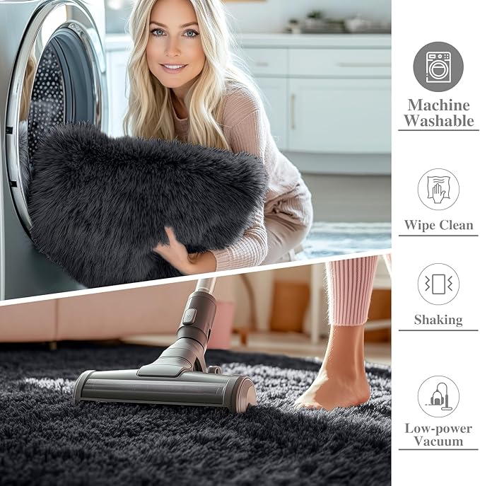 OLANLY 8x9 Machine Washable Large Area Rugs for Living Room, Bedroom, Soft Fluffy Shaggy Bedside Rug, Indoor Floor Carpet for Kids Girls and Boys, Dorms, Nursery, Home Decor Aesthetic, Black