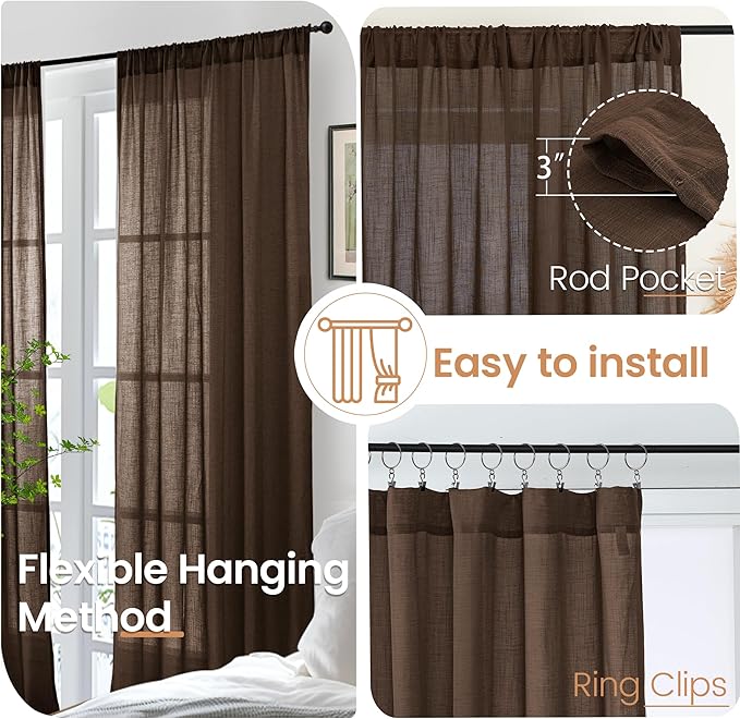 BGment 96 Inches Long Linen Curtains for Living Room, Brown Semi Sheer Window Drapes Rustic Textured for Farmhouse Beroom Dining Room Decor Rod Pocket Lightweight, 2 Panels Set, Each 52 Inch Wide