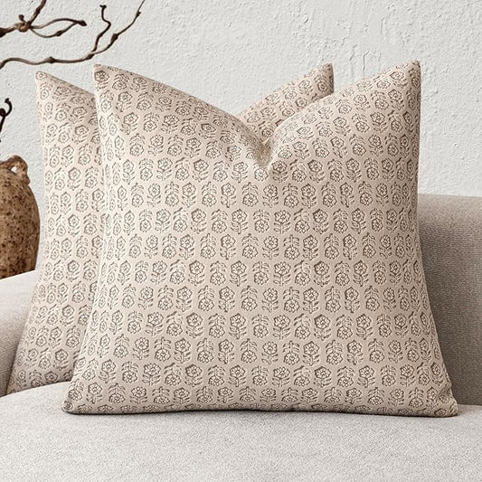 Foindtower Set of 2 Decorative Neutral Floral Print Throw Pillow Covers Vintage Accent Farmhouse Cushion Covers Boho Home Decor for Sofa Couch Chair Bedroom Living Room,24×24 Inch,Ivory Beige
