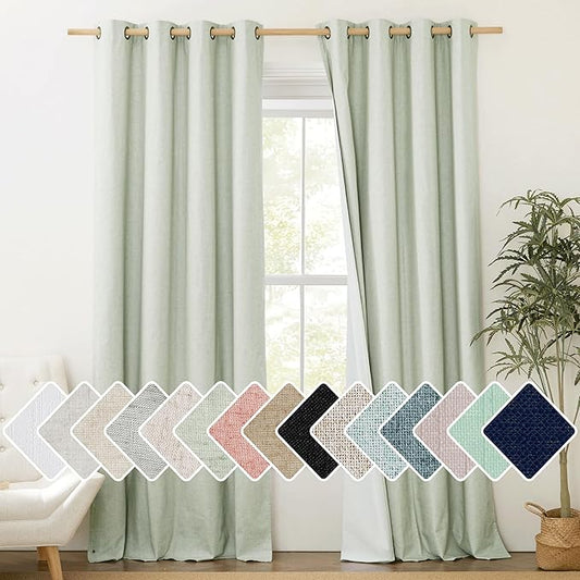 NICETOWN Full Blackout Sage Green Linen Curtains 102 inches Length with Thermal Insulated Liners for Living Room, 2 Panels, 52 inches W, Farmhouse Style Keep Warm Large Window Draperies for Hall