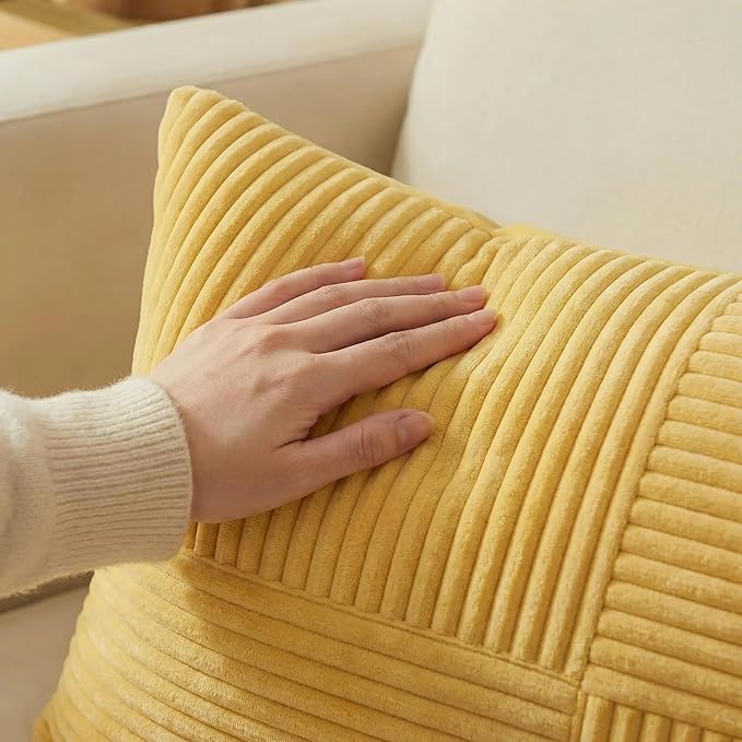 Fancy Homi 2 Packs Yellow Decorative Throw Pillow Covers 20x20 Inch for Living Room Couch Bed Sofa, Rustic Farmhouse Boho Home Decor, Soft Corss Corduroy Patchwork Accent Square Cushion Case 50x50 cm