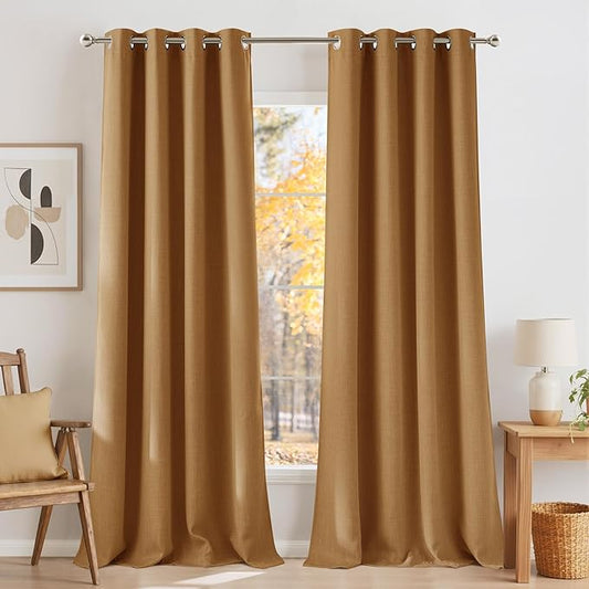 NICETOWN Faux Linen Gold Brown Blackout Curtains 84 inches Long for Living Room - Privacy Panels for Bedroom, Modern Farmhouse Style Easy Care Grommet Top, 2 Panels, W52 by L84