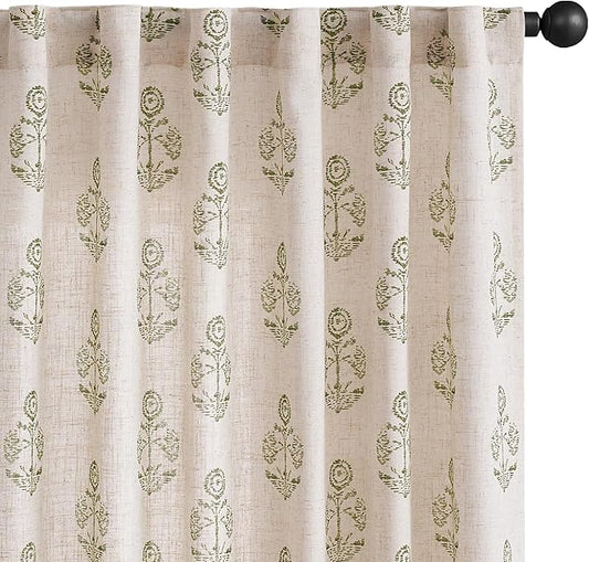jinchan Linen Floral Curtains for Living Room 84 Inch Length Green Flower Cottage Core Farmhouse Curtains Rod Pocket Back Tab Boho Semi Sheer Window Drapes Bedroom Set 2 Panels Green on Beige