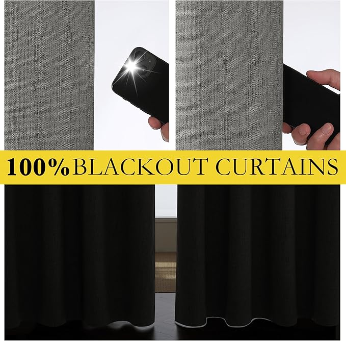 NICETOWN Grizzle Gray Vintage Linen 100% Blackout Curtains for Living Room, Thermal Insulated Curtains 120" Long, Noise Reducing Window Treatment Drapes for Hall Room, 52" Wide Per Panel, Set of 2