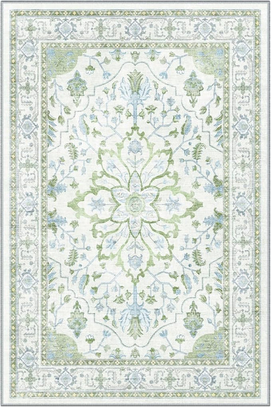 Area Rugs Round 6ft Washable Non-Slip, Floral Vintage Distress Print Pattern Medallion Carpet for Living Room Bedroom Dining Room, Green White Blue