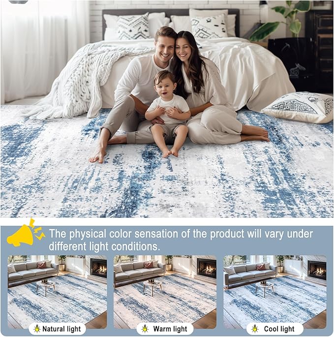 Area Rugs Living Room Rug - 5x7 Washable Modern Abstract Soft Neutral Non-Slip Carpet Large Indoor Floor Thin Carpets for Bedroom Dining Room Farmhouse Nursery Home Office White Blue Grey