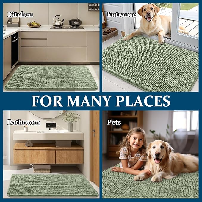 OLANLY Dog Door Mat for Muddy Paws 70x46, Absorbs Moisture and Dirt, Absorbent Non-Slip Washable Doormat, Quick Dry Chenille Mud Mat for Dogs, Entry Indoor Entryway Carpet for Inside Floor, Sage Green