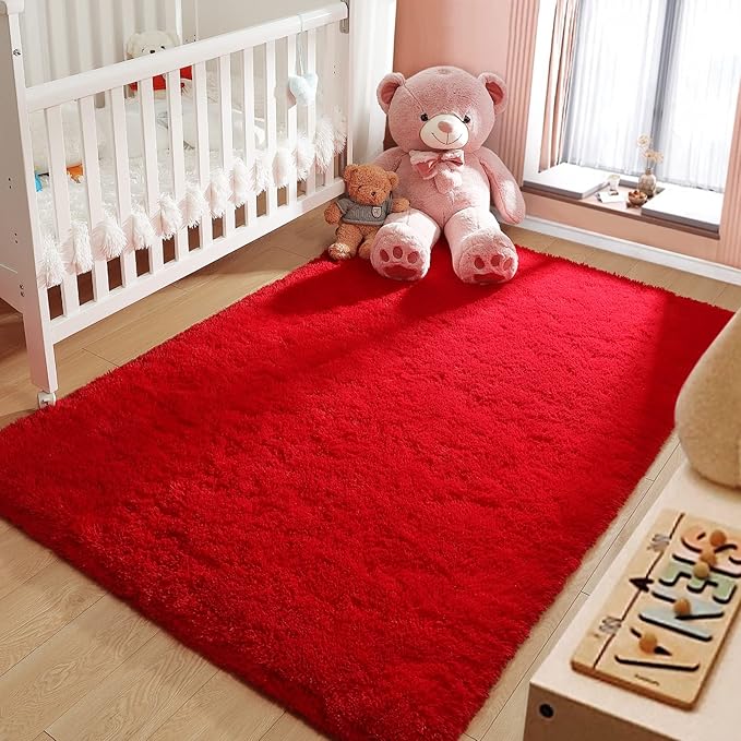 LOCHAS Ultra Soft Indoor Modern Area Rugs Fluffy Living Room Carpets for Children Bedroom Home Decor Nursery Rug 6x9 Feet, Red