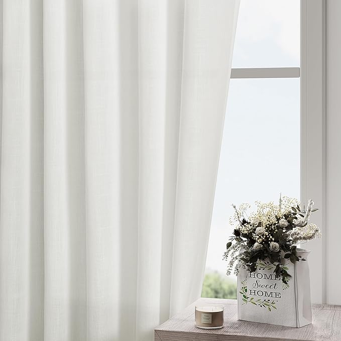 Nanspring Off White Linen Curtains 63 inches Long for Bedroom Back Tab Sheer White Curtains Modern Farmhouse Coastal Decor Cotton Textured Gauze Curtain for Bathroom 2 Panel Set 52x63