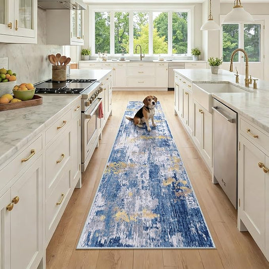 Washable Area Rugs 2x9 Non-Slip Modern Abstract Soft for Living Room Entryway Bedroom Nursery, Print Pattern, Grey Blue Gold/Golden