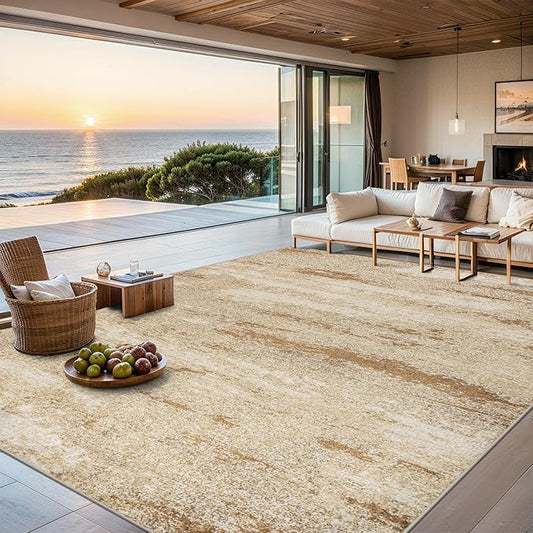 Area Rugs 10x12 Living Room - Washable Rug Modern Abstract Soft Large Neutral Non-Slip Carpet Indoor Floor Thin Carpets for Bedroom Dining Room Farmhouse Nursery Home Office Beige