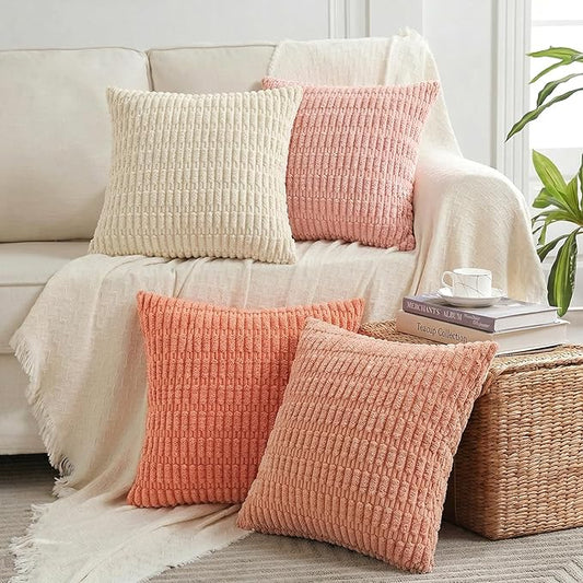 Fancy Homi 4 Packs Boho Blush Pink Big Decorative Throw Pillow Covers 24x24 Inch for Living Room Couch, Soft Plush Striped Corduroy Square Light Pink Coral Peach Cream Colorful Cushion Case 60x60 cm