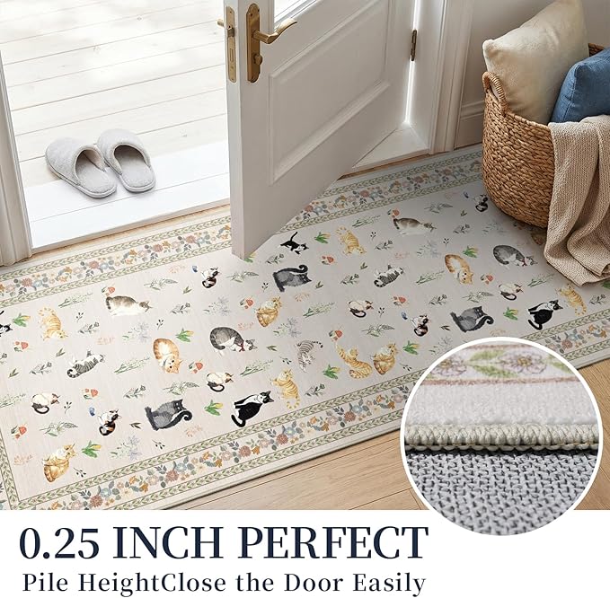 2'6"x8' Washable Kitchen Runner Rug - Soft Low Pile Floral Animal Cat Print Rugs with Non-Slip Backing Waterproof Stain-Resistant Indoor Carpet for Hallway Entryway Bathroom Bedroom (Light Beige)