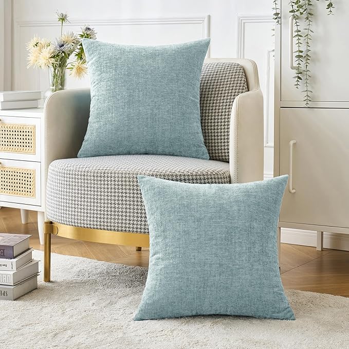 MIULEE Pack of 2 Light Blue Throw Pillow Covers 18x18 Inch Soft Chenille Pillow Covers for Sofa Living Room Spring Home Decor Couch Solid Dyed Cases