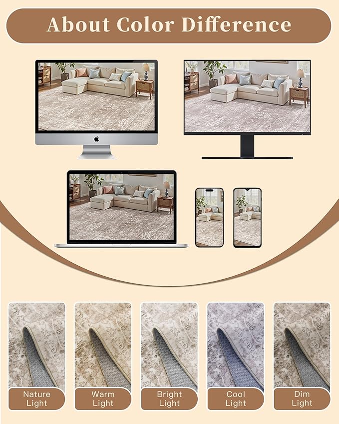 Madane Runner Rug 2x8 for Hallway, Kitchen Non-Slip Runner Rug with Rubber Backing, Vintage Soft Low Pile Throw Neutral Carpet Runner for Laundry Room Entryway Bathroom Bedroom (2 x 8, Brown/Sand)