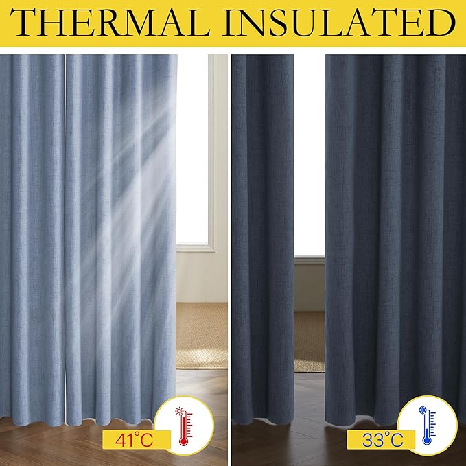 NICETOWN Stone Blue Vintage Linen 100% Blackout Curtains for Living Room, Thermal Insulated Curtains 108“ Long, Noise Reducing Window Treatment Drapes for Home Office, 62" Wide Per Panel, Set of 2