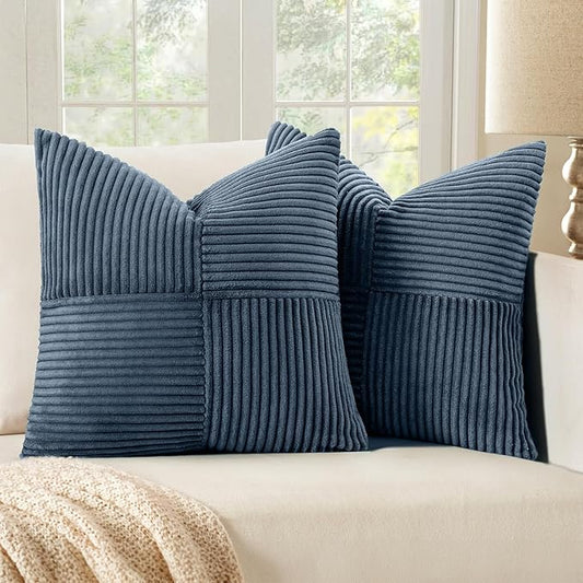 MIULEE Blue Decorative Throw Pillow Covers 18x18 Inch for Couch Bed Sofa Pack of 2 Boho Farmhouse Throw Pillows Soft Cross Corduroy Patchwork Textured Cushion Cases