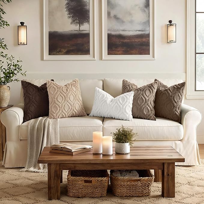 decorUhome Throw Pillow Covers 22x22 Inch Set of 2, Soft Plush Faux Wool Light Brown Solid Couch Pillow Covers, Accent Euro Sham Farmhouse Neutral Square Pillow Cases for Sofa Bed Living Room