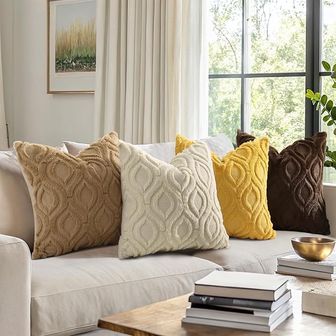 decorUhome Throw Pillow Covers 26x26 Inch Set of 2, Soft Plush Faux Wool Khaki Solid Couch Pillow Covers, Accent Euro Sham Farmhouse Neutral Square Pillow Cases for Sofa Bed Living Room
