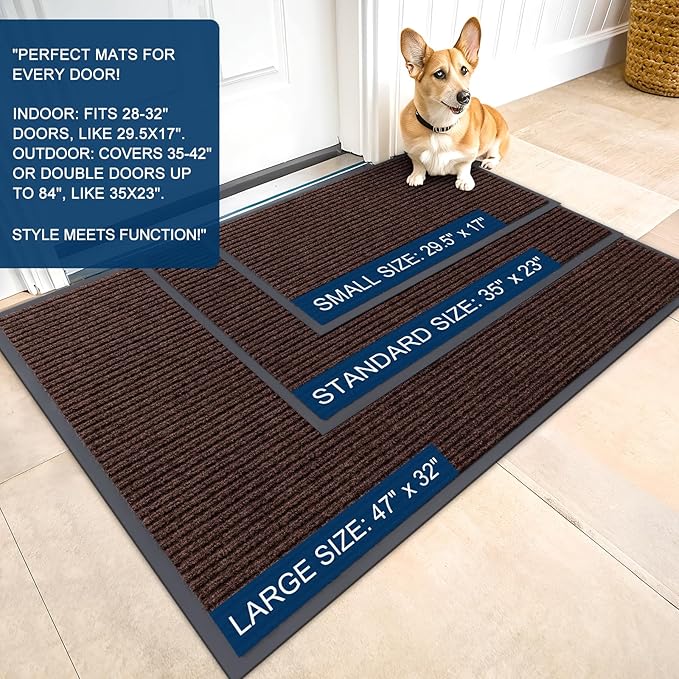 OLANLY Front Door Mat Indoor Outdoor Entrance, 2-Pack 47 x 23 Inch, Waterproof Heavy Duty Doormat, Fade Resistant, Low Profile, Easy Clean Patio Porch Welcome Floor Mats for Entry, Brown