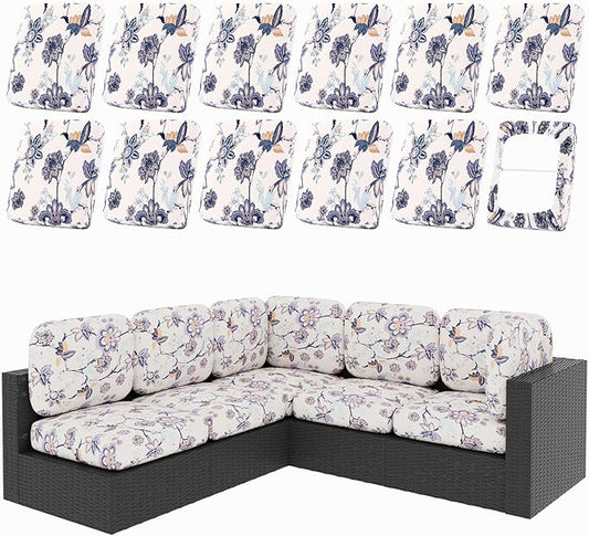 hyha 12Pcs Patio Cushion Covers, Stretch Outdoor Couch Cushion Covers, Washable Outdoor Chair/Sofa Slipcovers for Patio Furniture Cushions Protector with Elastic Bottom(Vintage Flower,Cover Only)