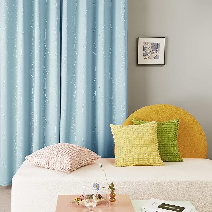 Deconovo Blackout Curtains, Thermal Insulated Soundproof Grommet Drapes, Wave Dot Foil Print, 42 x 108 Inch, Set of 2, Machine Washable Window Panel for Bedroom Living Room Nursery Kitchen, Light Blue