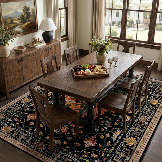 Area Rugs 7'x10' Washable Non-Slip, Floral Vintage Distress Print Pattern Medallion Carpet for Living Room Bedroom Dining Room, Black Colorful Floral Dark Tan