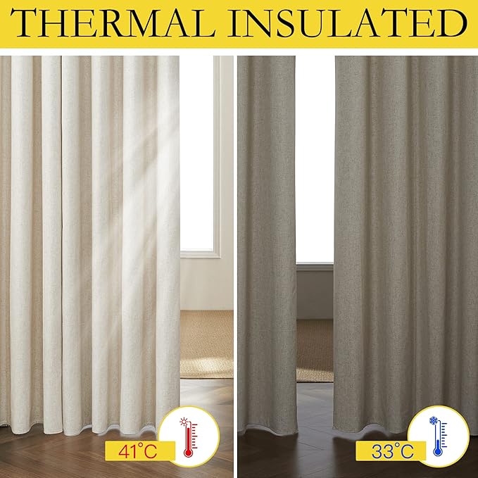 NICETOWN Natural Bedroom Full Blackout Linen Curtain Panels Set of 2, 62" by 72", Thick Insulated Classic Grommet Blackout Draperies with White Thermal Insulated Liner for Windows