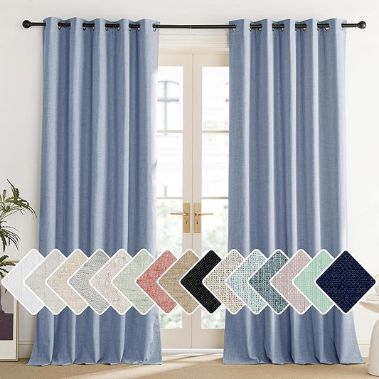 NICETOWN Stone Blue Vintage Linen 100% Blackout Curtains for Living Room, Thermal Insulated Curtains 102“ Long, Noise Reducing Window Treatment Drapes for Home Office, 62" Wide Per Panel, Set of 2