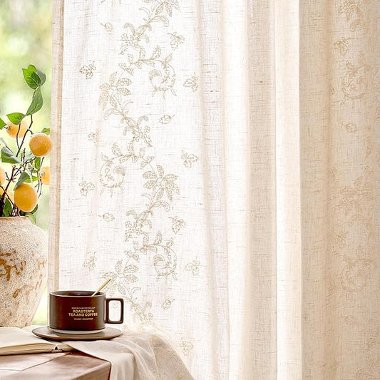 jinchan Evelyn Embroidered Linen Curtains Ivory Farmhouse Floral Window Drapes for Living Room Bedroom Cottagecore Semi Sheer Curtains 84 Inches Long Rod Pocket Back Tab 2 Panels